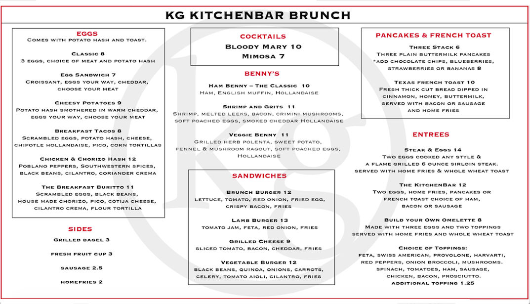 kg kitchen bar menu