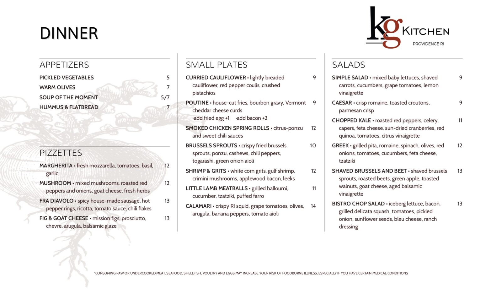kg kitchen bar menu